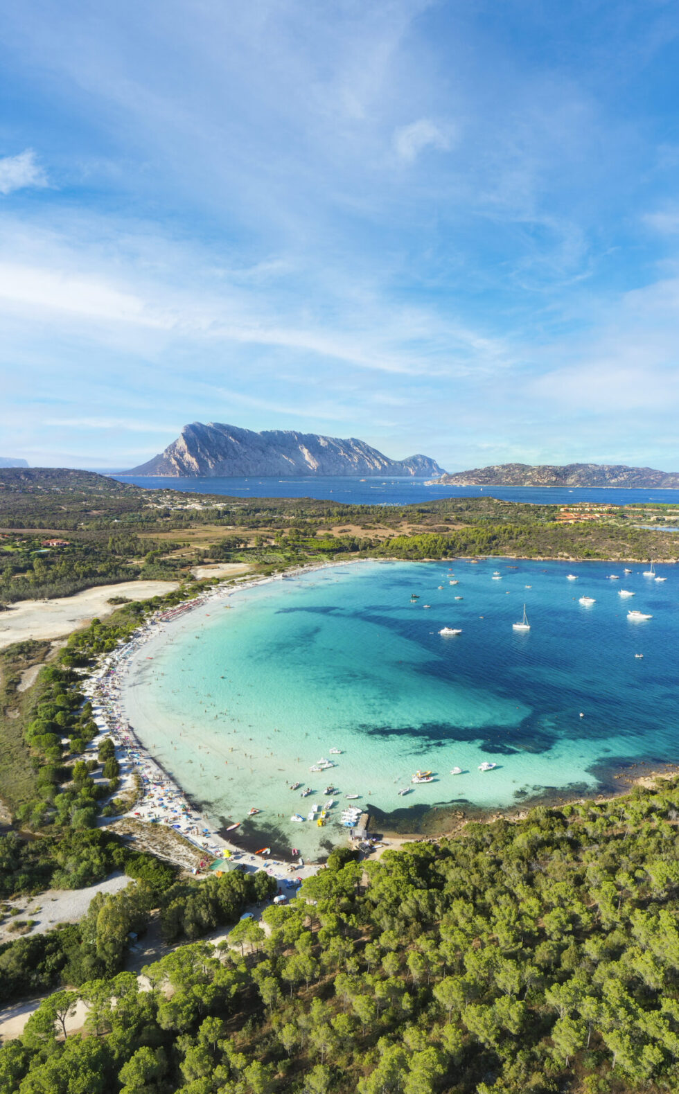 View from above, stunning aerial view of Cala Brandinchi beach with its beautiful white sand, and crystal clear turquoise water. Tavolara island in the distance, Sardinia, Italy.